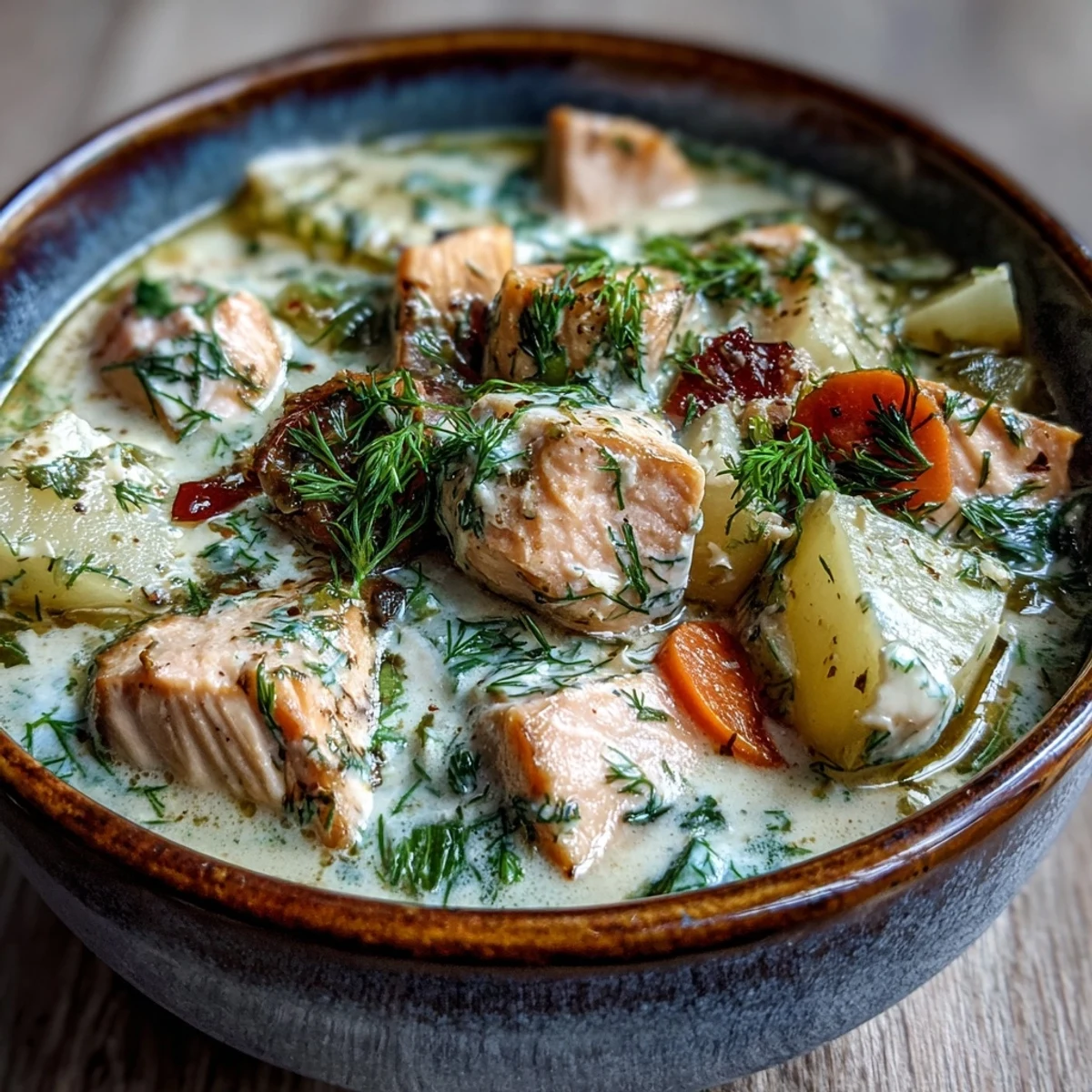 A steaming bowl of Finnish Salmon Soup, featuring tender salmon cubes, soft potato chunks, and fresh dill garnish over creamy broth.
