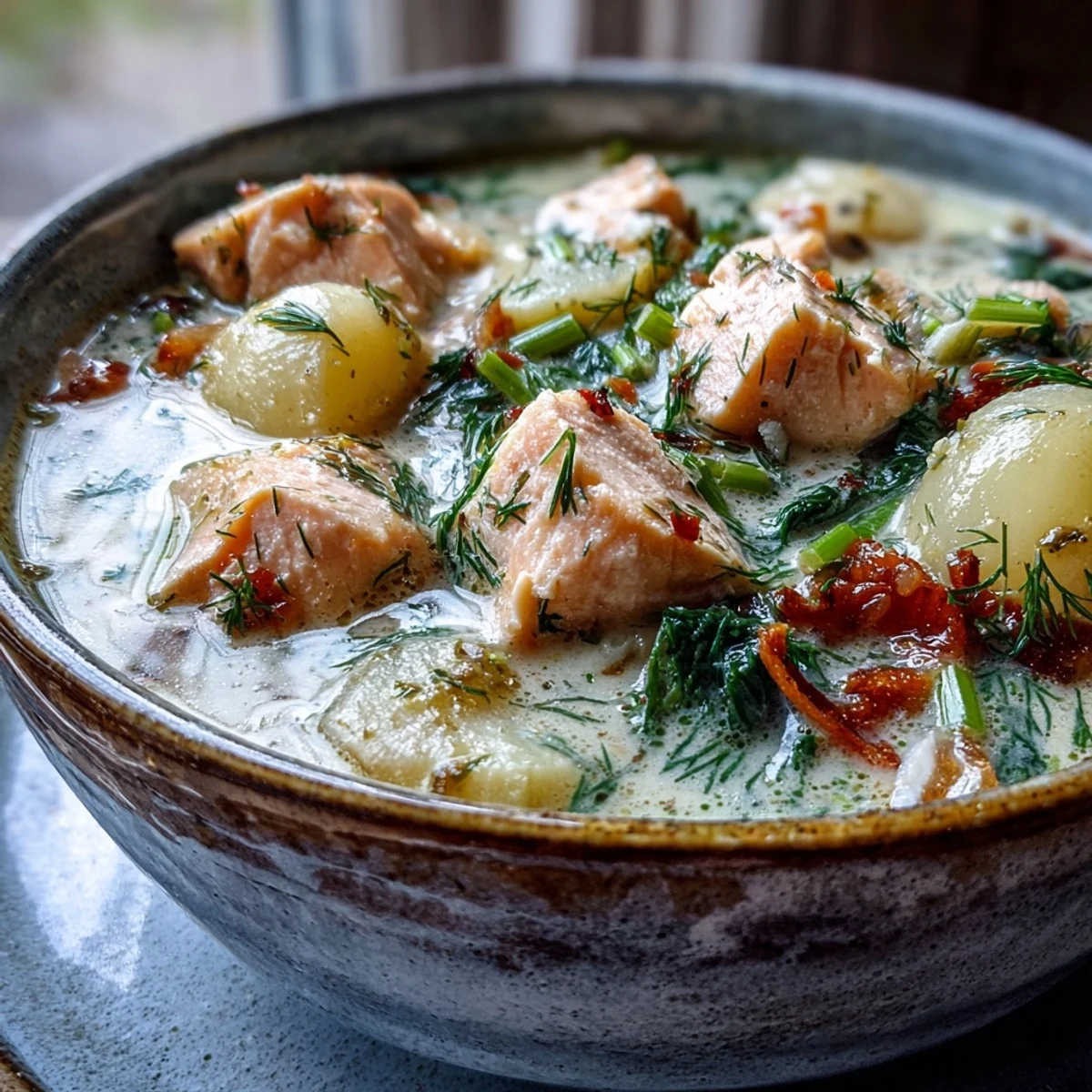 Hearty Finnish Salmon Soup served in a ceramic bowl, with a slice of rye bread on the side for dipping.