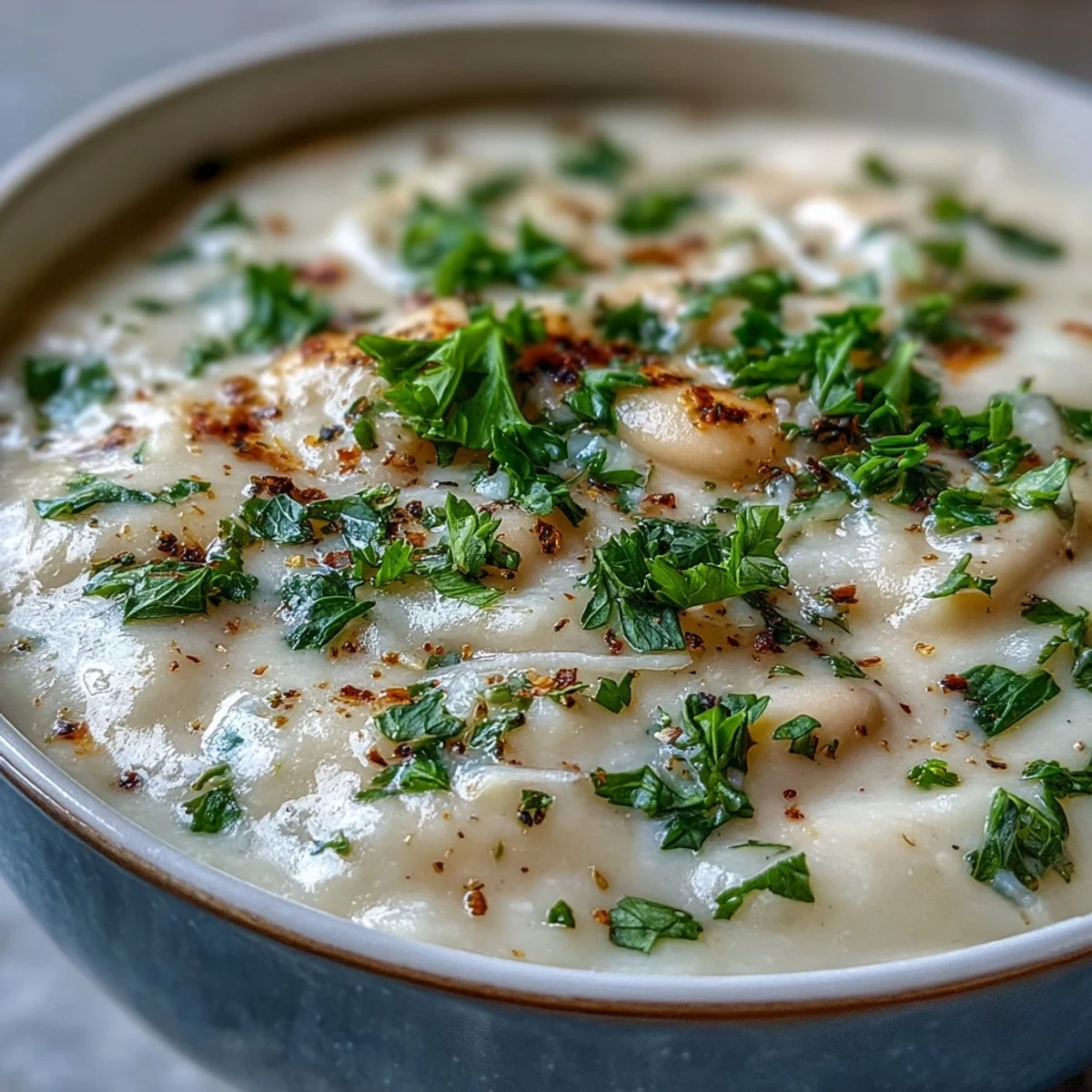 Vibrant White Bean and Parmesan Soup ladled into a white bowl, topped with fresh parsley and a drizzle of olive oil for a savory finish.
