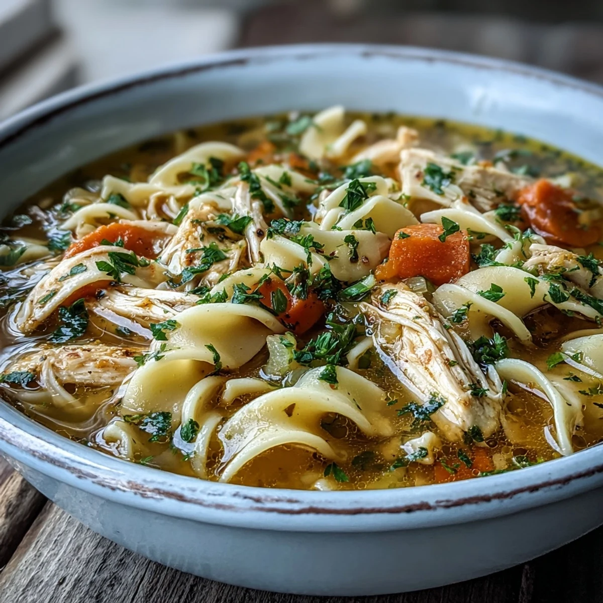 A close-up of steaming Chicken and Noodle Soup with tender shredded chicken, carrots, celery, and wide egg noodles in a savory golden broth, topped with fresh parsley.  
