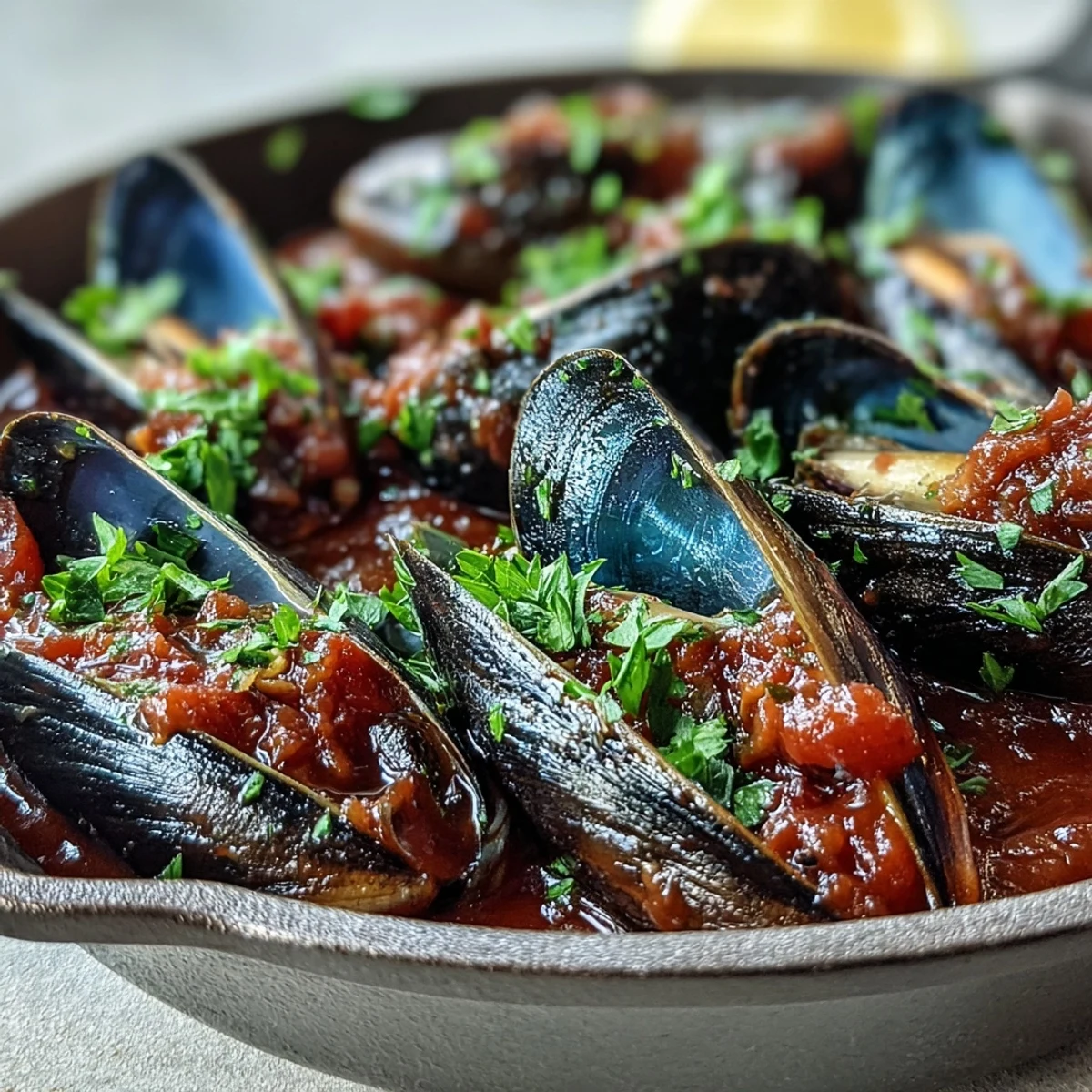 Freshly steamed Smoky Mussels Pomodoro simmered in a rich, spicy tomato and wine broth, ready to eat.