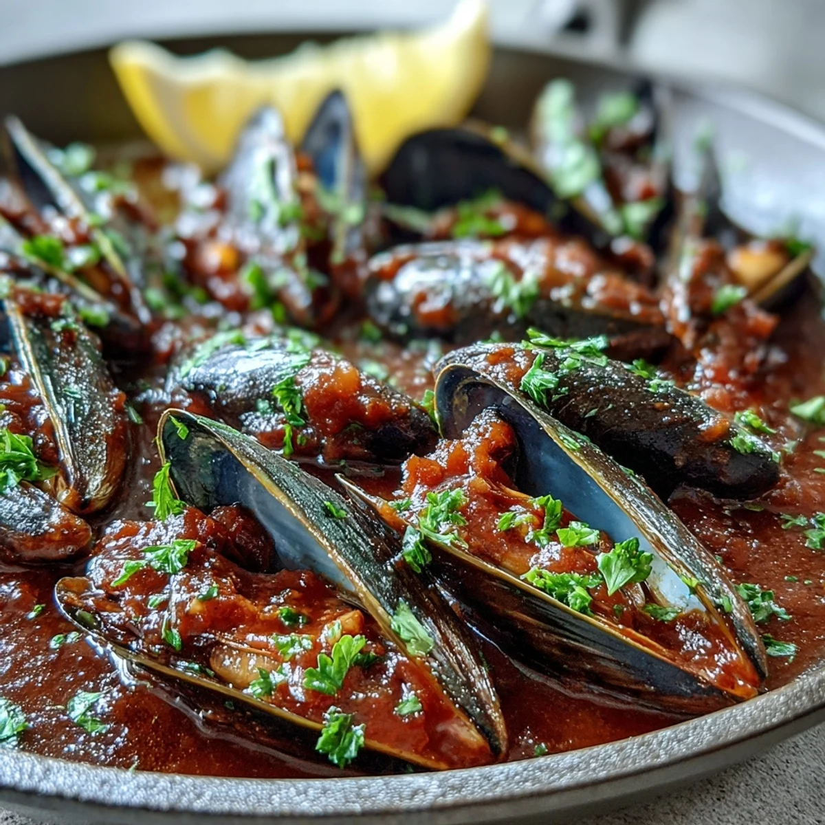 Tender Smoky Mussels Pomodoro garnished with fresh chopped parsley and red pepper flakes, emitting warm, savory steam.