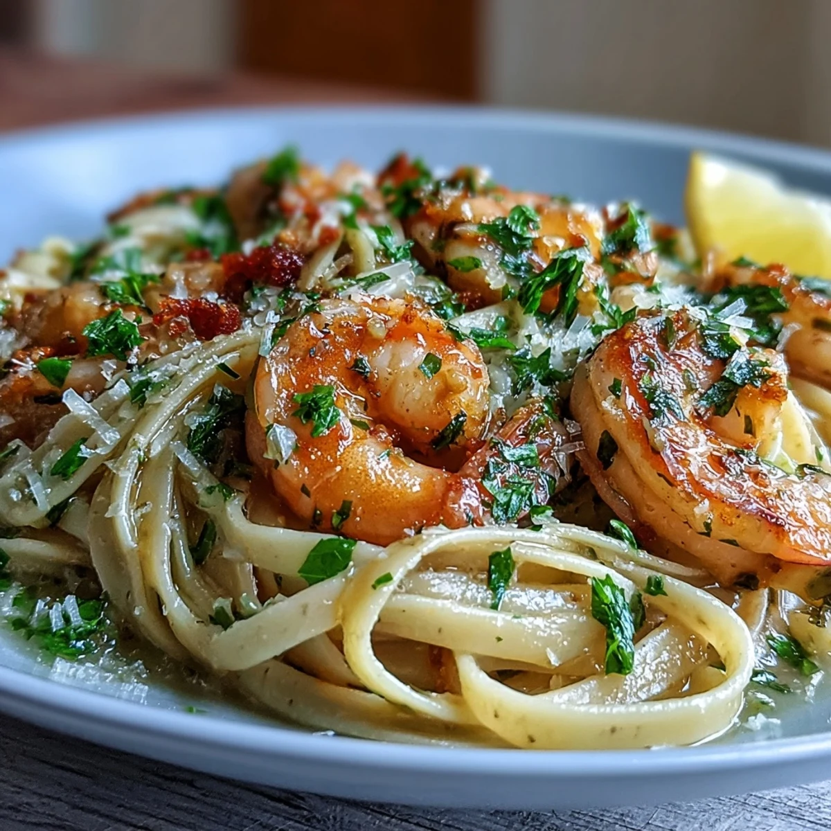 Steaming platter of Shrimp Scampi With Linguine featuring pink shrimp, minced garlic, and bright lemon wedges for a fresh finish.