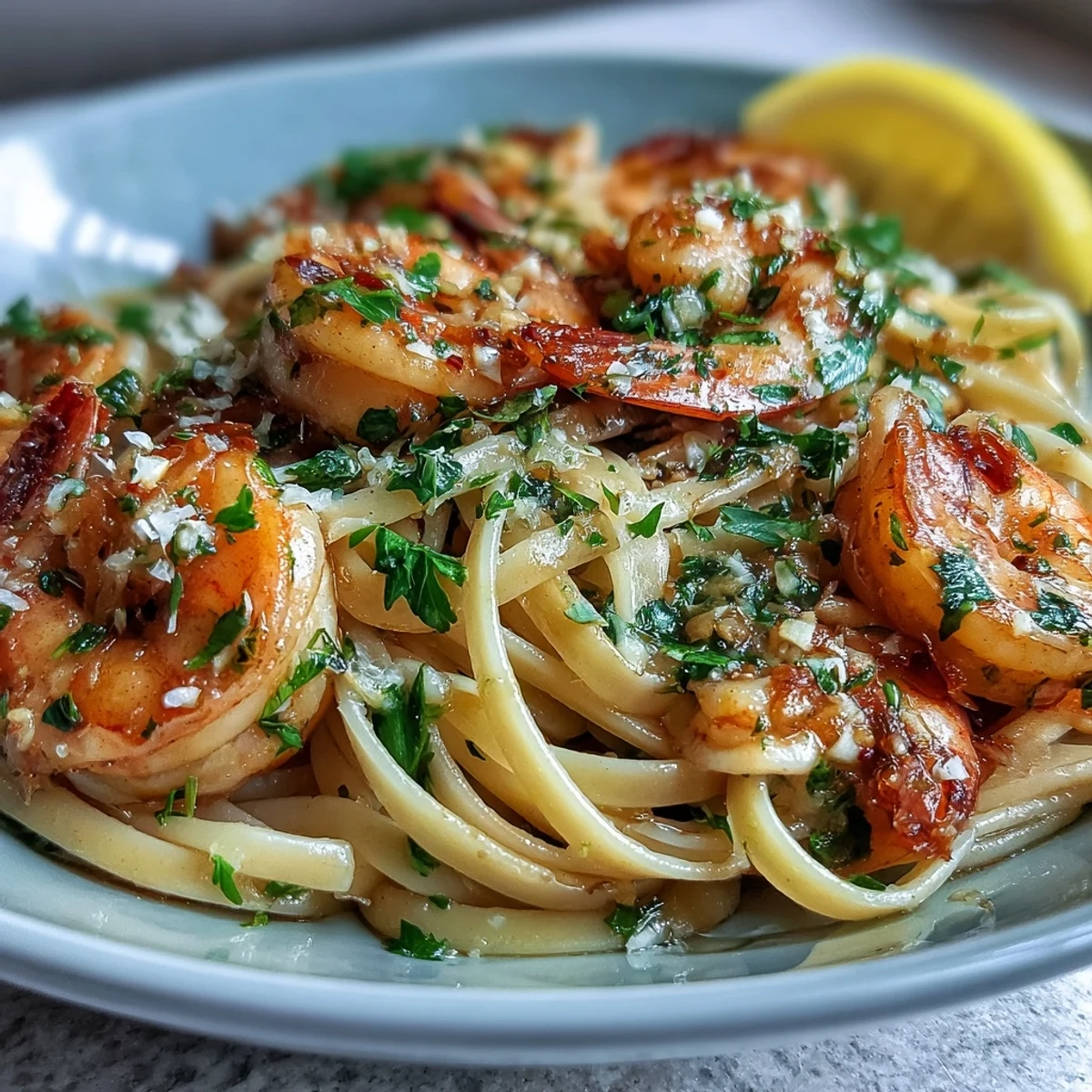 A close-up of Shrimp Scampi With Linguine in a skillet, highlighting buttery sauce, al dente pasta, and a sprinkle of parsley.