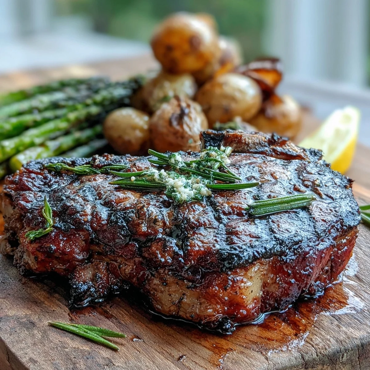 Perfectly charred bone-in rib eye steak plated with asparagus and a squeeze of lemon.