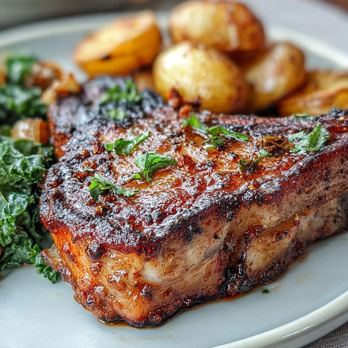 Savory Aleppo Pork Chops served family-style with roasted potatoes and garlicky kale for a Mediterranean feast.