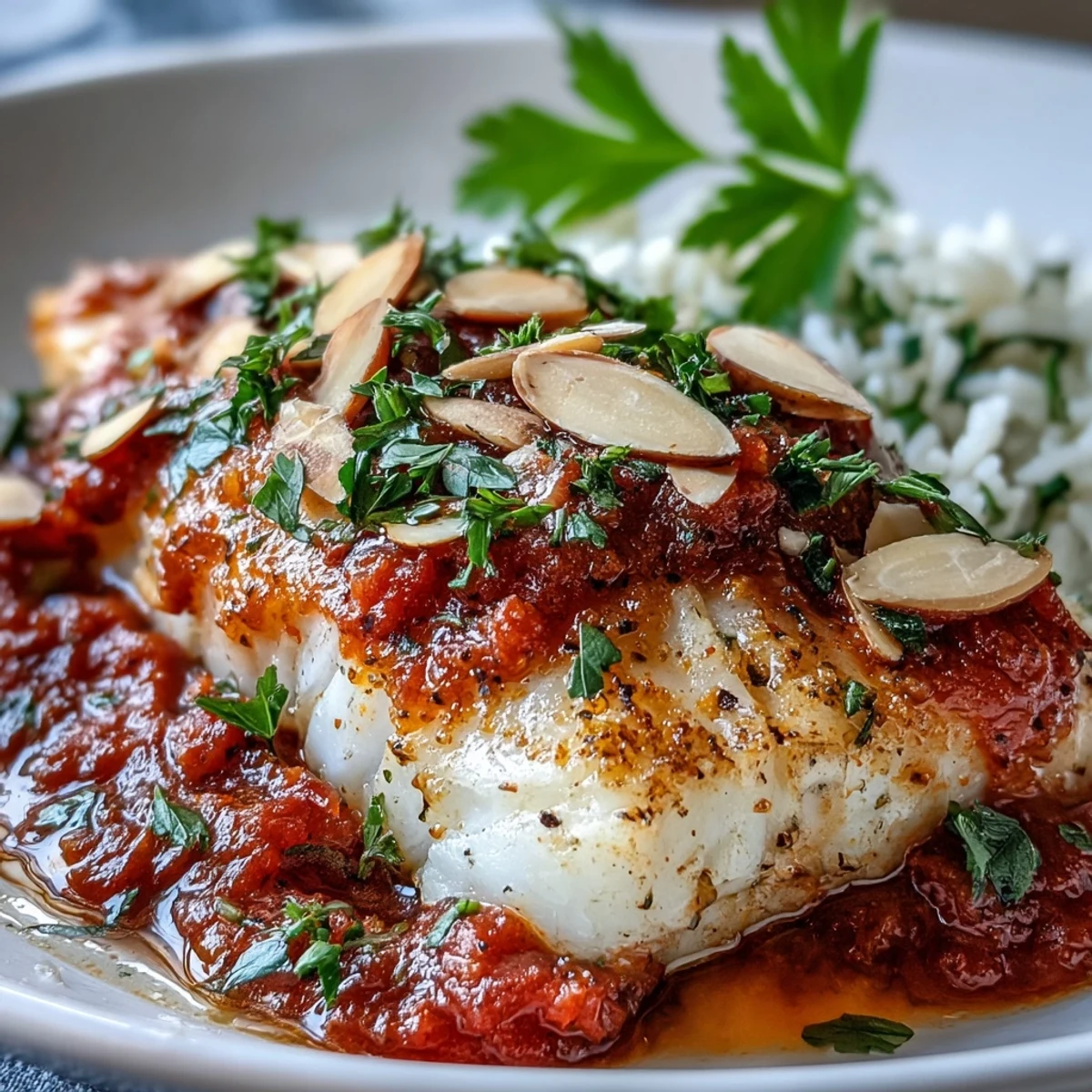 Fragrant ginger rice serves as a bed for tomato-roasted cod, garnished with toasted almond slivers and lemon wedges, ready to serve in white ceramic bowls.