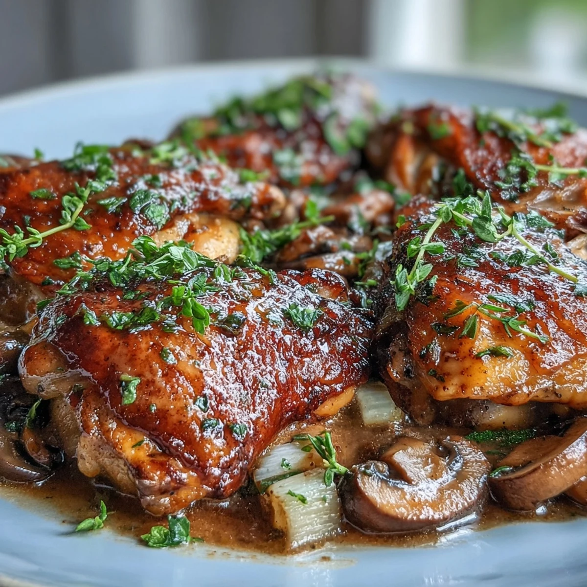 Golden-brown chicken pieces simmer in a creamy Coq au Vin Rosé with mushrooms, carrots, and herbs.