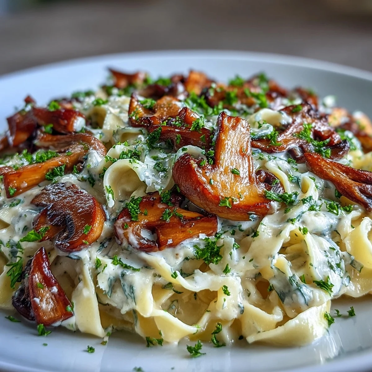 Freshly cooked Creamy Mushroom Stroganoff is served twirled onto a fork, highlighting the rich, tangy miso sauce and tender mushrooms against a rustic wooden table setting.
