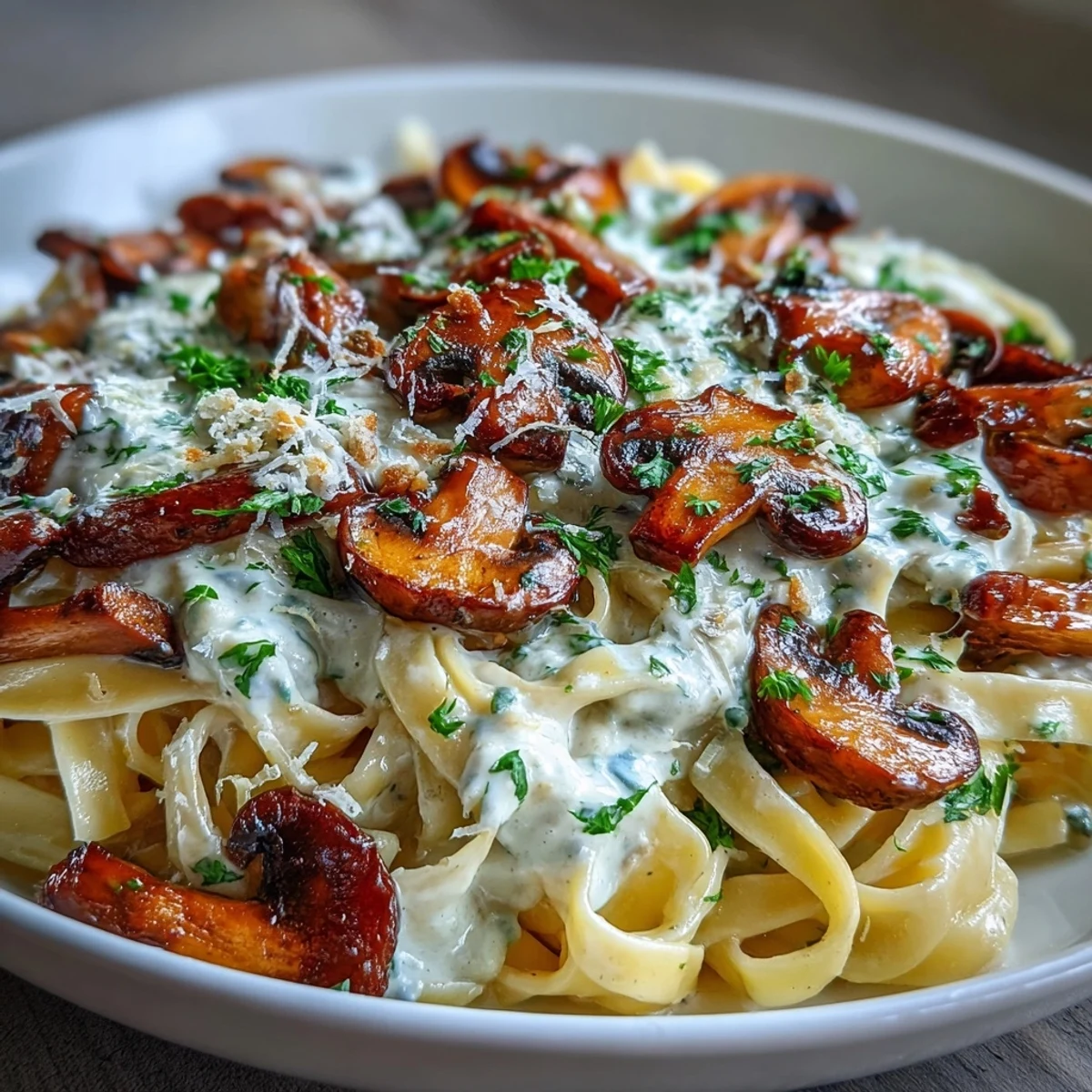 Close-up of Creamy Mushroom Stroganoff featuring golden-brown mixed mushrooms and a velvety, smoky sauce coating wide fettuccine noodles, ready to be enjoyed straight from the skillet.