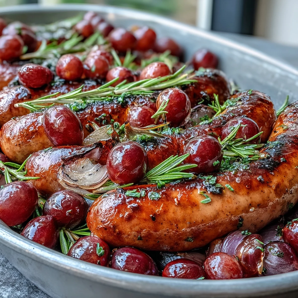 Juicy Italian sausages roasted with sweet red grapes and onions, served with rosemary and pan juices.