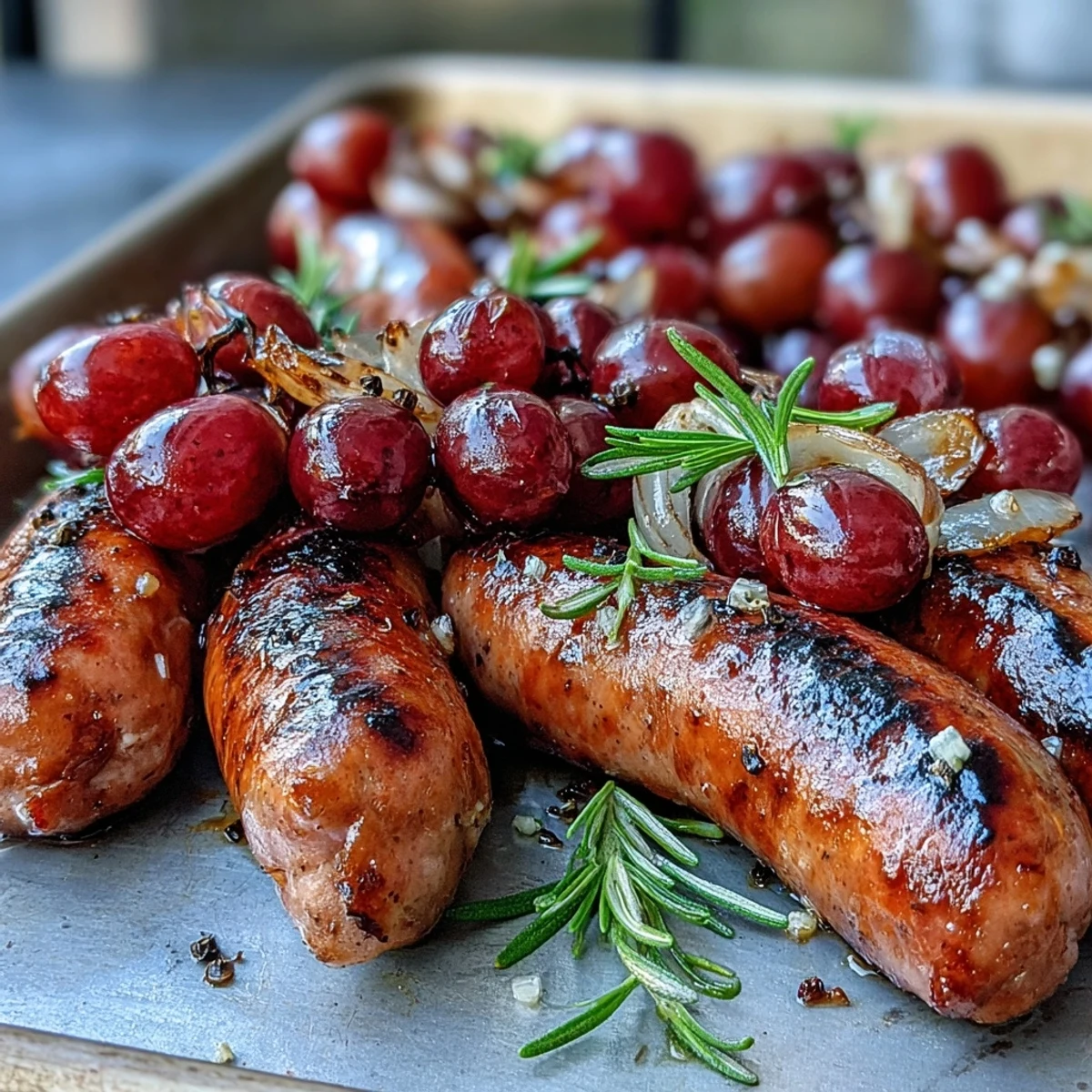 Golden roasted sausage and grapes in a skillet, with caramelized onions and fresh rosemary sprigs.