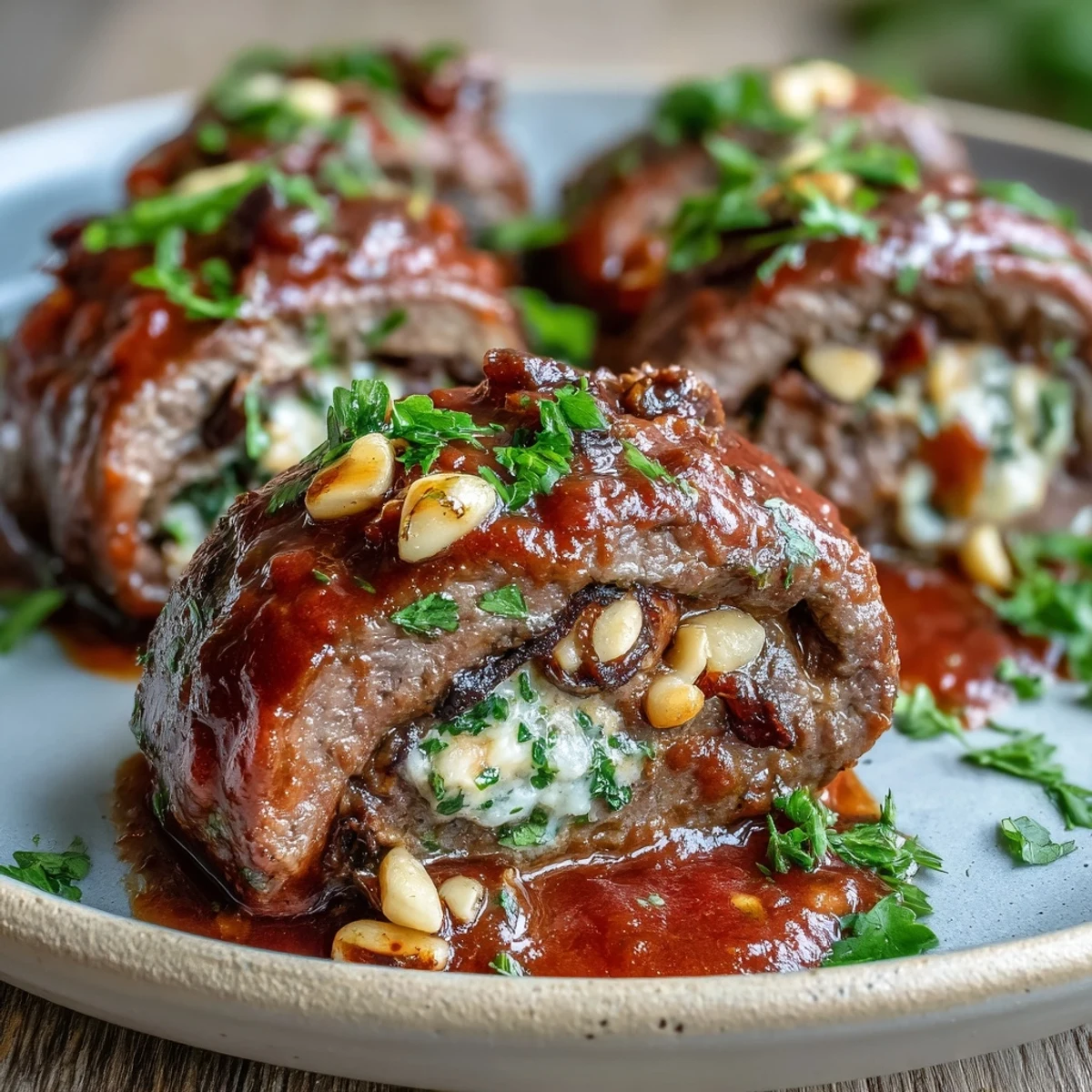 Golden-brown Sicilian-Style Braciole simmering in a rich, chunky tomato sauce in a Dutch oven, with aromatic herbs.