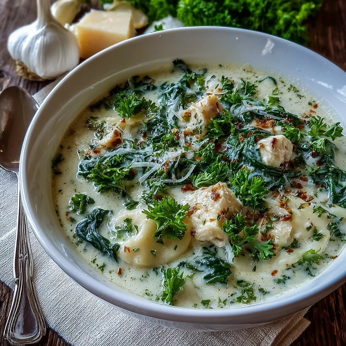 A warm bowl of Garlic Parmesan Chicken Soup served with crusty bread for dipping into the creamy broth.