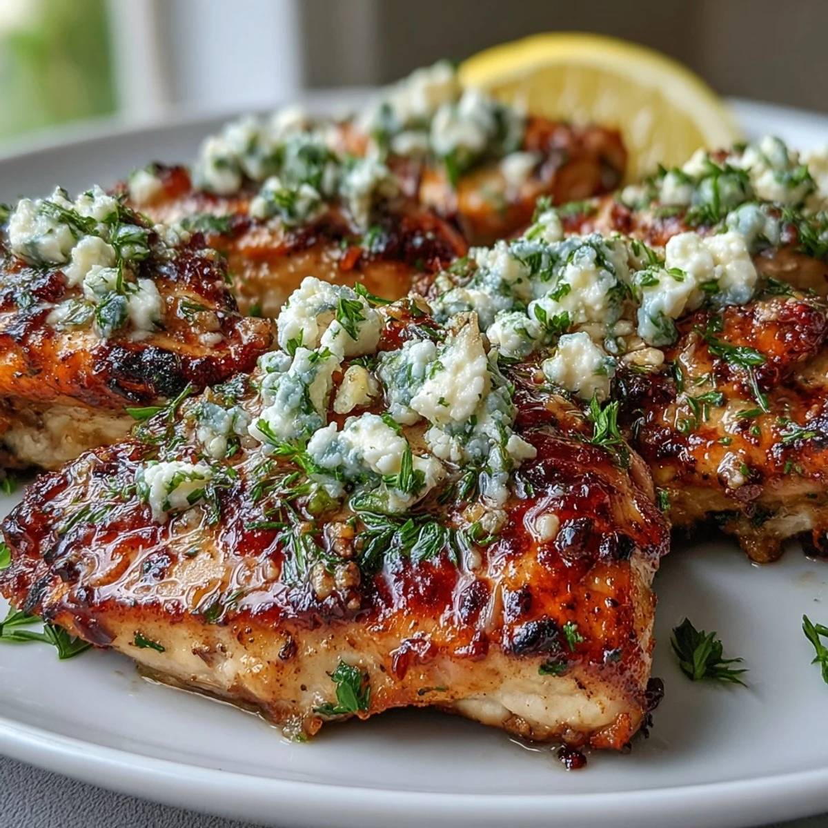 Golden pan-seared Greek Chicken with Lemon and Feta garnished with fresh parsley and lemon wedges.