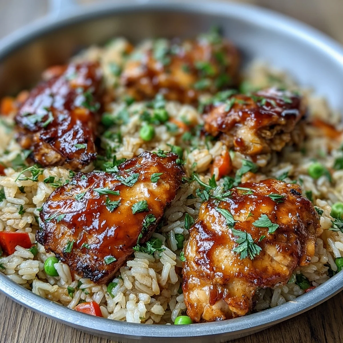 Tender honey BBQ chicken thighs glazed in bold sauce, served over fluffy rice with steamed vegetables in a skillet.
