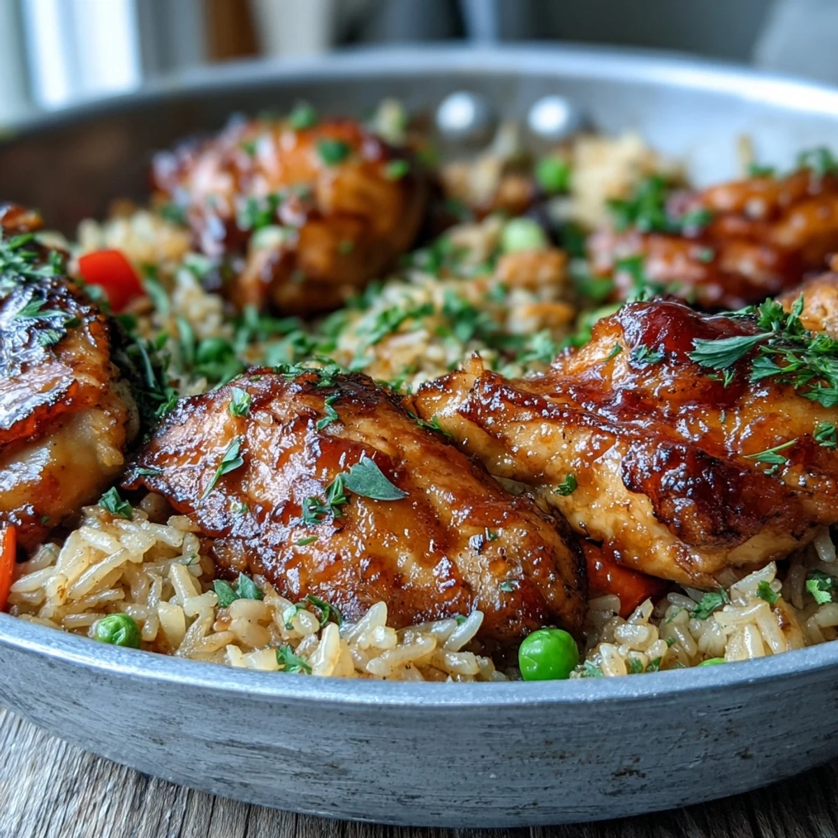 Close-up of One-Pan Bold Honey BBQ Chicken Rice, revealing glossy BBQ glaze, peas, carrots, and bell peppers mixed into grains.