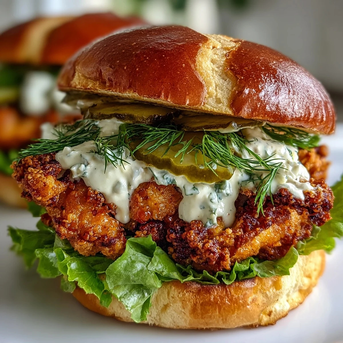 A juicy Spicy Chicken Sandwich cut in half, revealing layers of chicken and creamy homemade spicy sauce.