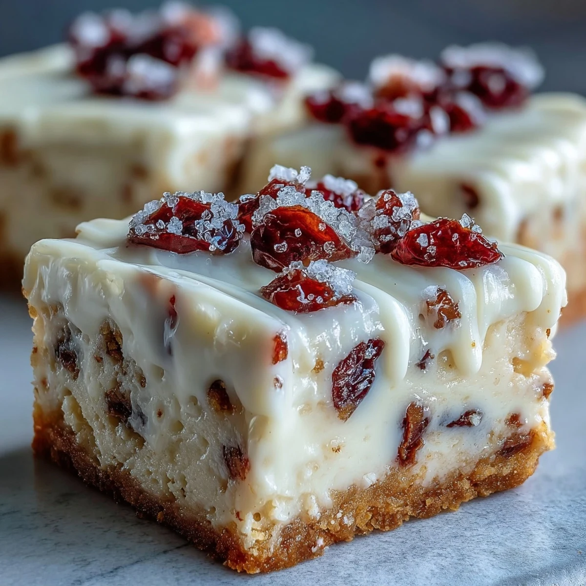 Golden-baked Cranberry Bliss Bars topped with zesty cream cheese frosting and sugared cranberries.