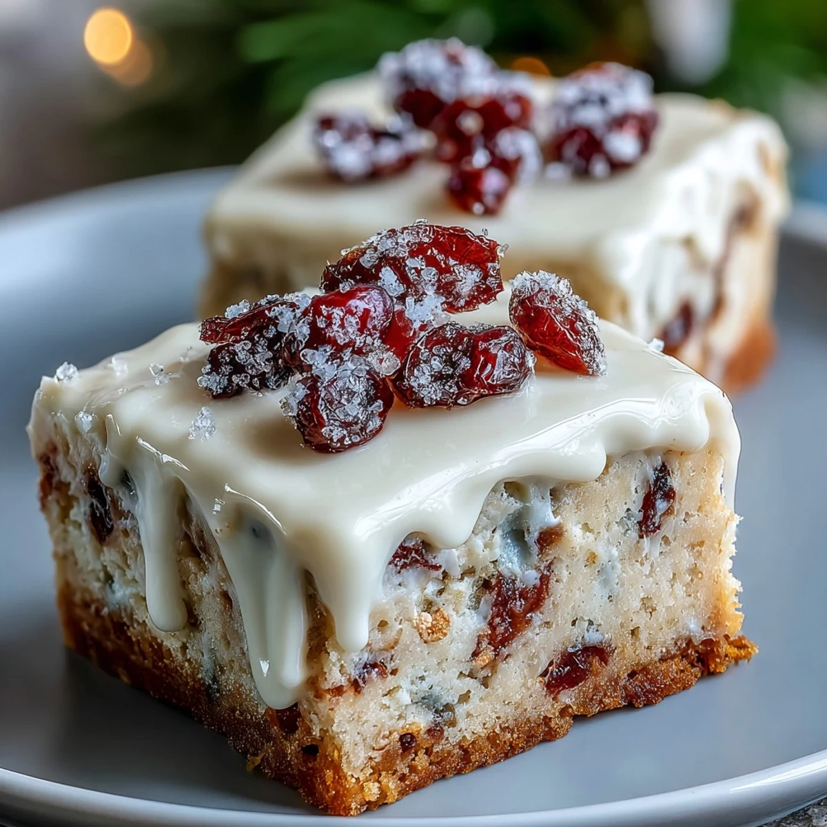 Cranberry Bliss Bars with creamy orange frosting and white chocolate drizzle on a rustic table.