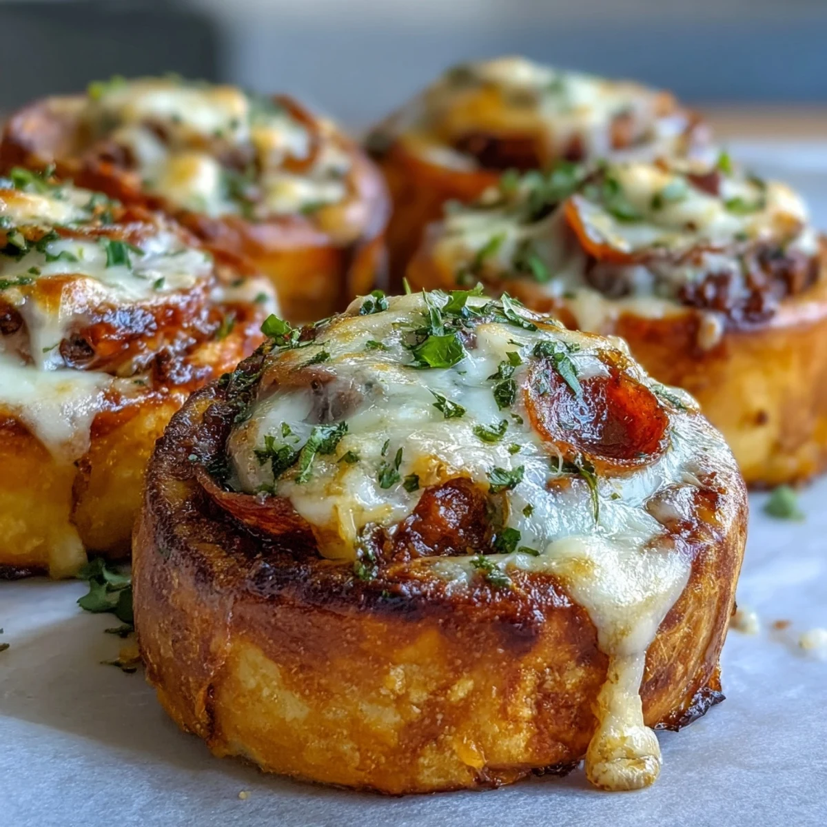 Sliced Irresistible High Protein Pepperoni Pizza Rolls revealing layers of pepperoni, lean beef, and melty cheese on a rustic board.