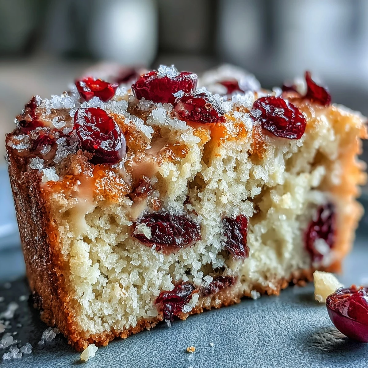 Overhead view of a golden-brown Cranberry Orange Breakfast Cake in a round pan, showcasing a moist, fluffy texture with vibrant red cranberry bursts and fragrant orange zest specks, perfect for a festive brunch or holiday breakfast.