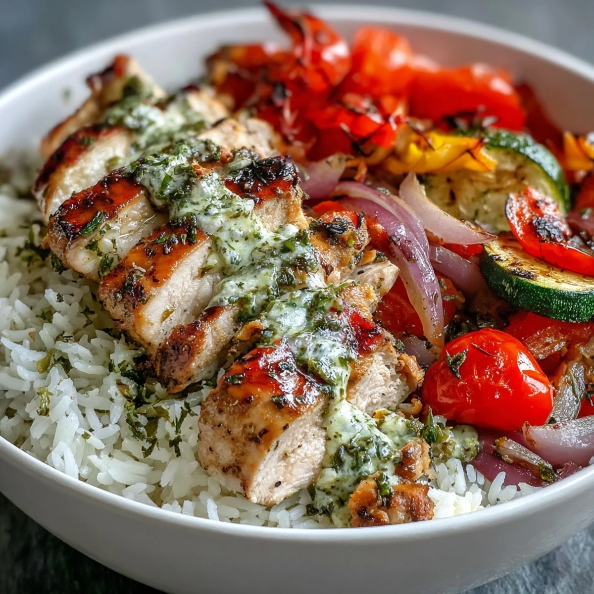 A vibrant bowl of Lemon Herb Roasted Chicken features colorful roasted vegetables and tender chicken over rice, topped with a zesty lemon glaze.