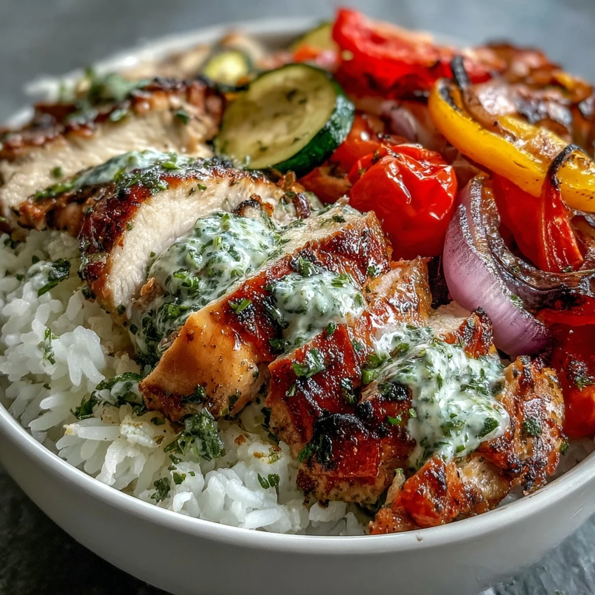 Overhead view of the Lemon Herb Roasted Chicken Bowl, with succulent chicken, caramelized vegetables, and a drizzle of fresh lemon dressing glistening on the rice.