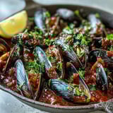 Aromatic Smoky Mussels Pomodoro served in a rustic cast iron pot with lemon wedges and crusty bread.