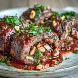 Tender beef rolls filled with pecorino and pine nuts are sliced and served over creamy polenta.