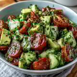 Refreshing summer salad with crisp cucumbers, juicy tomatoes, and smooth avocado tossed in a tangy lemon dressing.  