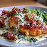 Golden-seared chicken breasts in a rich, creamy sauce with sun-dried tomatoes and Parmesan