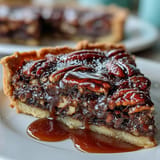 Rich chocolate bourbon pecan tart topped generously with toasted pecans.