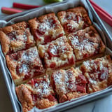 Closeup of Rhubarb Custard Bars showcasing a creamy custard and vibrant rhubarb topping.