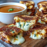 Closeup of golden mini grilled cheese dippers ready for dipping into tomato soup.
