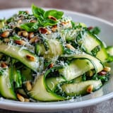 Vibrant green zucchini ribbons tossed in a bright lemon dressing with shaved Parmesan.