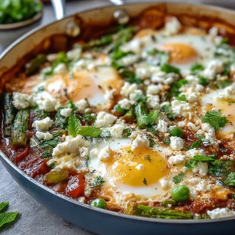 Vibrant Pea and Broad Bean Shakshuka with runny eggs, bursting with spring flavors.