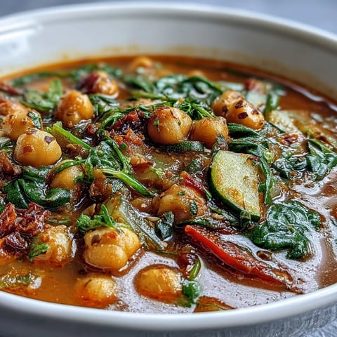 Hearty spicy chickpea stew with vibrant vegetables, perfect for a healthy vegan meal.