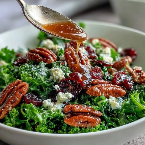 A vibrant bowl of Warm Kale Salad With Maple Mustard Dressing, tossed with sweet cranberries, crunchy pecans, and tangy feta.