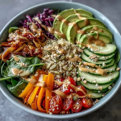 Fluffy quinoa forms the base of this Rainbow Buddha Bowl, topped with crisp veggies and creamy avocado slices.