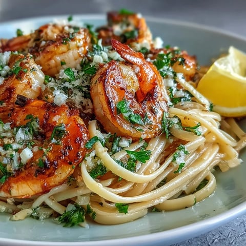 Perfectly cooked linguine and tender shrimp coated in a glossy garlic butter and white wine sauce, garnished with fresh parsley.