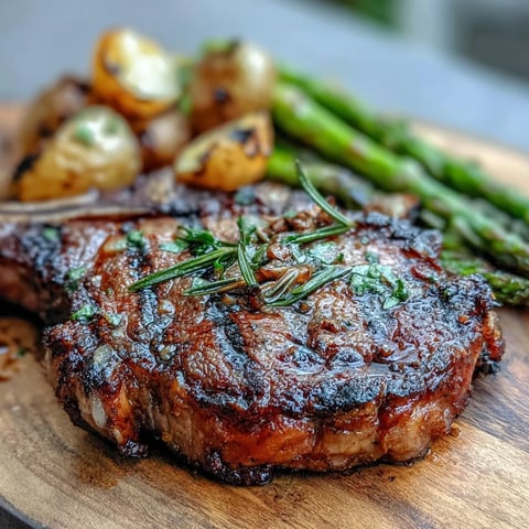 Freshly grilled bone-in rib eye steak with herb butter, served alongside crispy roasted potatoes.