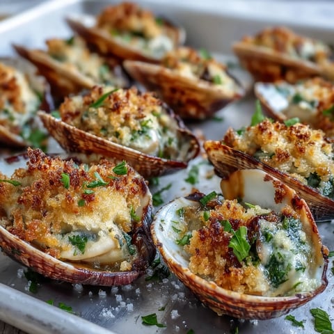 Golden roasted clams with lemony panko sit on a baking sheet, their stuffing crisp and aromatic, ready to serve as an elegant appetizer.