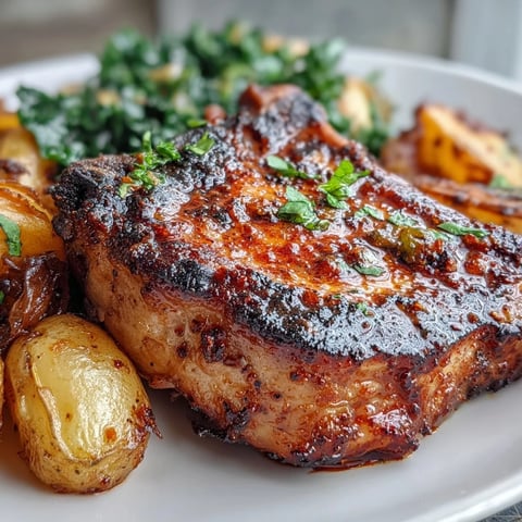 Perfectly seared Aleppo Pork Chops with golden potatoes and vibrant sautéed greens on a rustic plate.