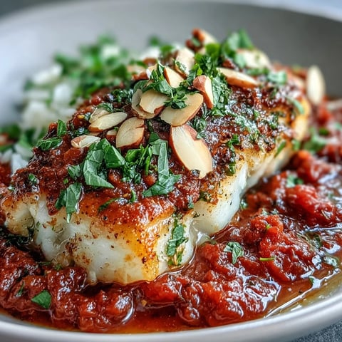 Golden-baked cod fillets nestled in a zesty tomato sauce, topped with crunchy spiced almonds and fresh parsley, served over fluffy ginger rice for a vibrant dinner.