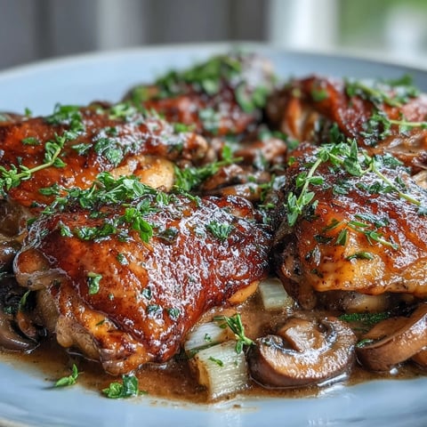 Golden-brown chicken pieces simmer in a creamy Coq au Vin Rosé with mushrooms, carrots, and herbs.