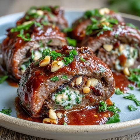 Golden-brown Sicilian-Style Braciole simmering in a rich, chunky tomato sauce in a Dutch oven, with aromatic herbs.