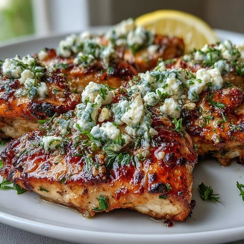 Golden pan-seared Greek Chicken with Lemon and Feta garnished with fresh parsley and lemon wedges.