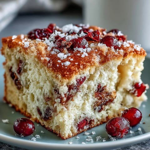 A freshly baked Cranberry Orange Breakfast Cake, dusted with powdered sugar, revealing a tender crumb studded with bright orange zest and tart cranberry pieces, ready to be sliced and served warm for a cozy morning treat.