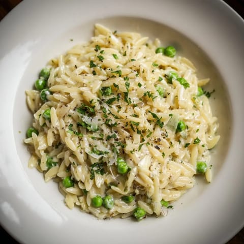 Steaming bowl of creamy Parmesan orzo, garnished with parsley, ready to enjoy as a meal.